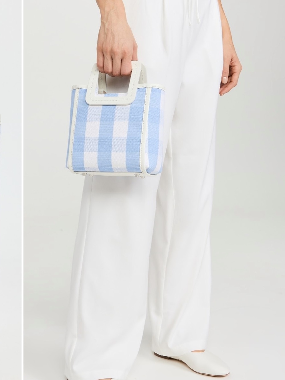 STAUD Blue and White Gingham Mini Top-Handle Tote